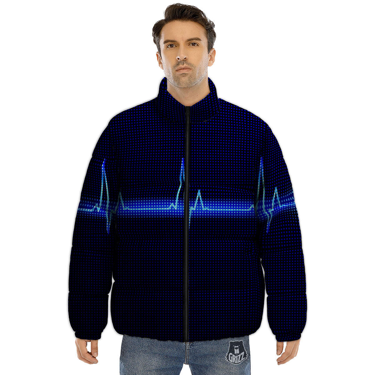 Electrocardiogram Heartbeat Print Puffer Jacket-grizzshop