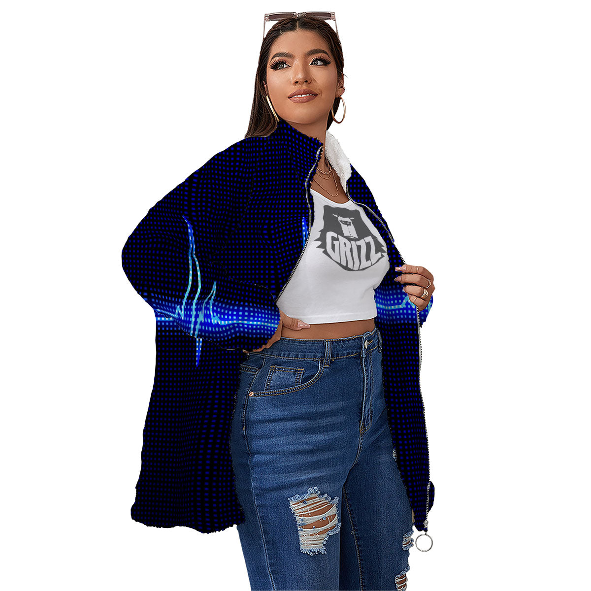 Electrocardiogram Heartbeat Print Women's Sherpa Jacket-grizzshop