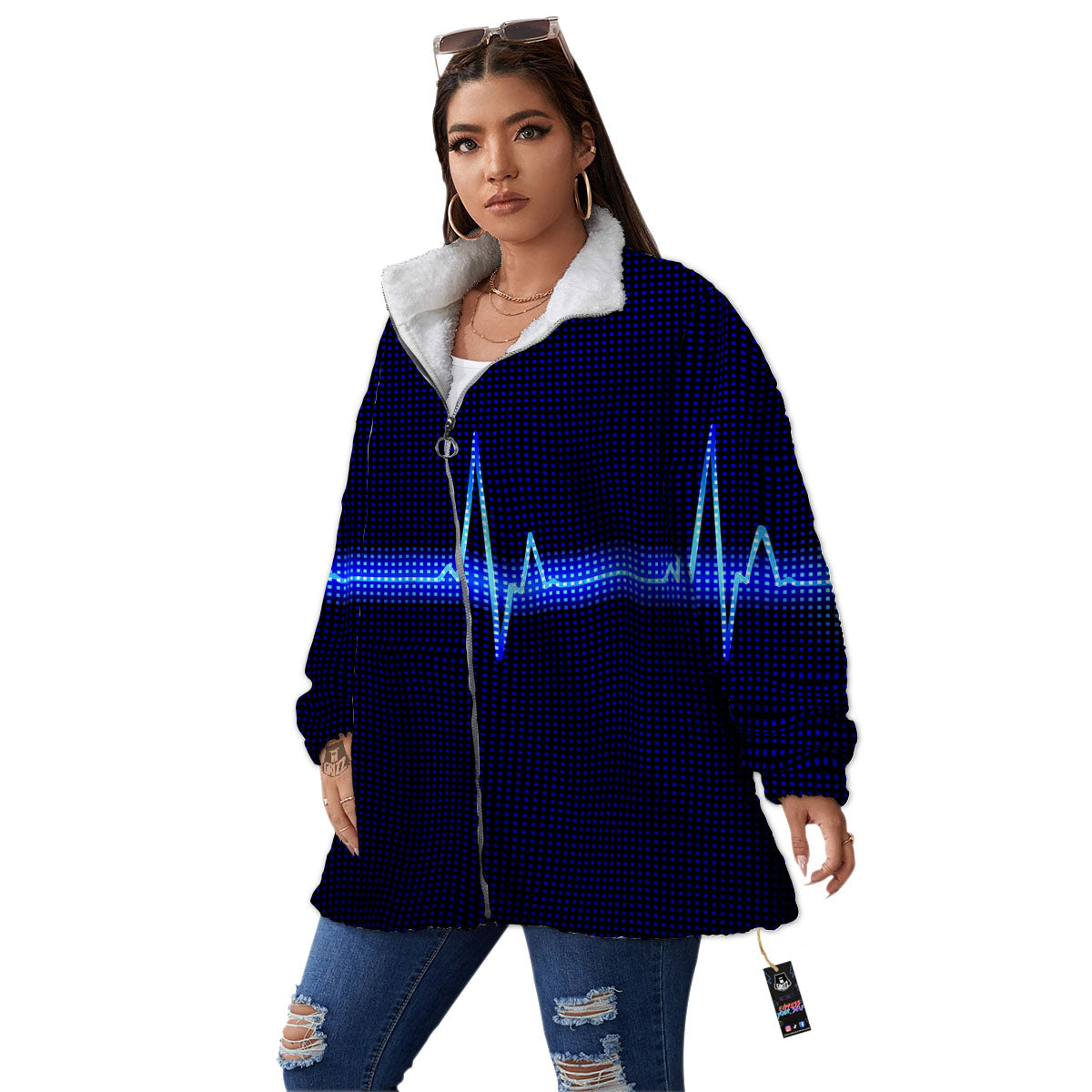 Electrocardiogram Heartbeat Print Women's Sherpa Jacket-grizzshop