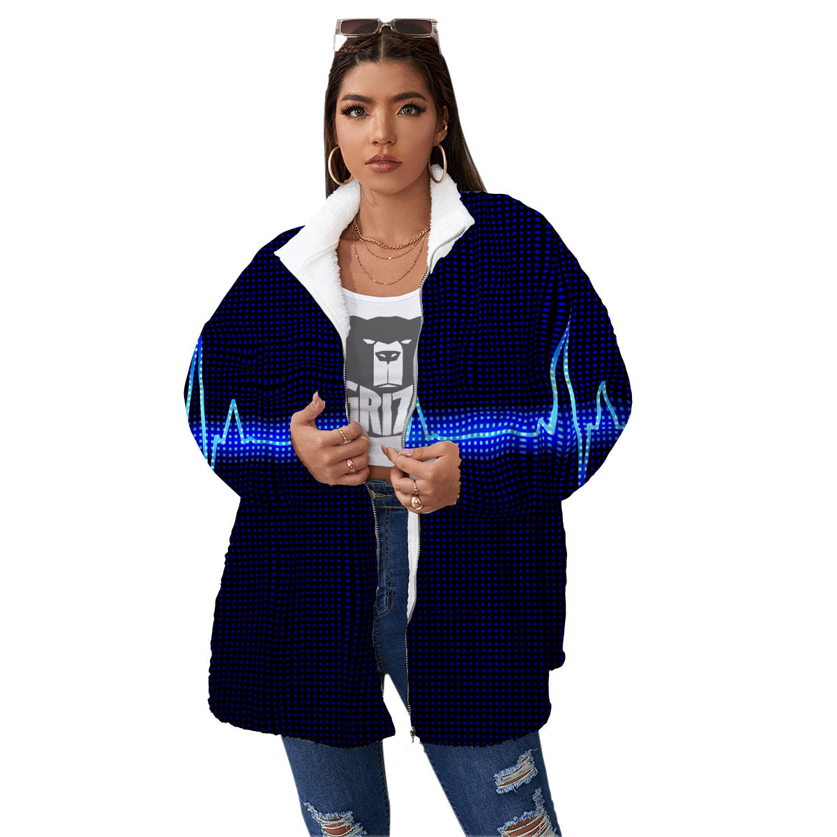 Electrocardiogram Heartbeat Print Women's Sherpa Jacket-grizzshop