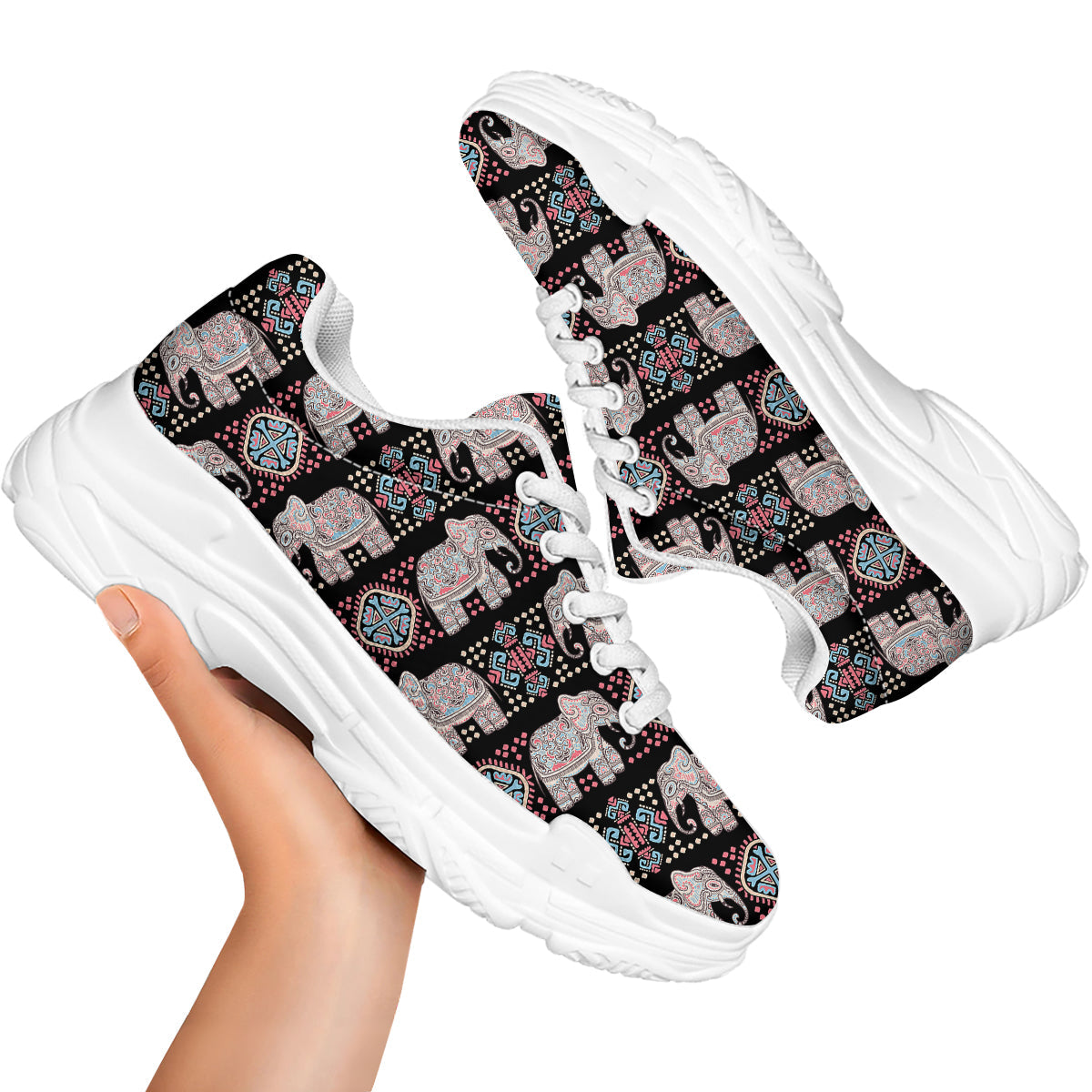 Elephant African Tribal Print Pattern White Chunky Shoes-grizzshop