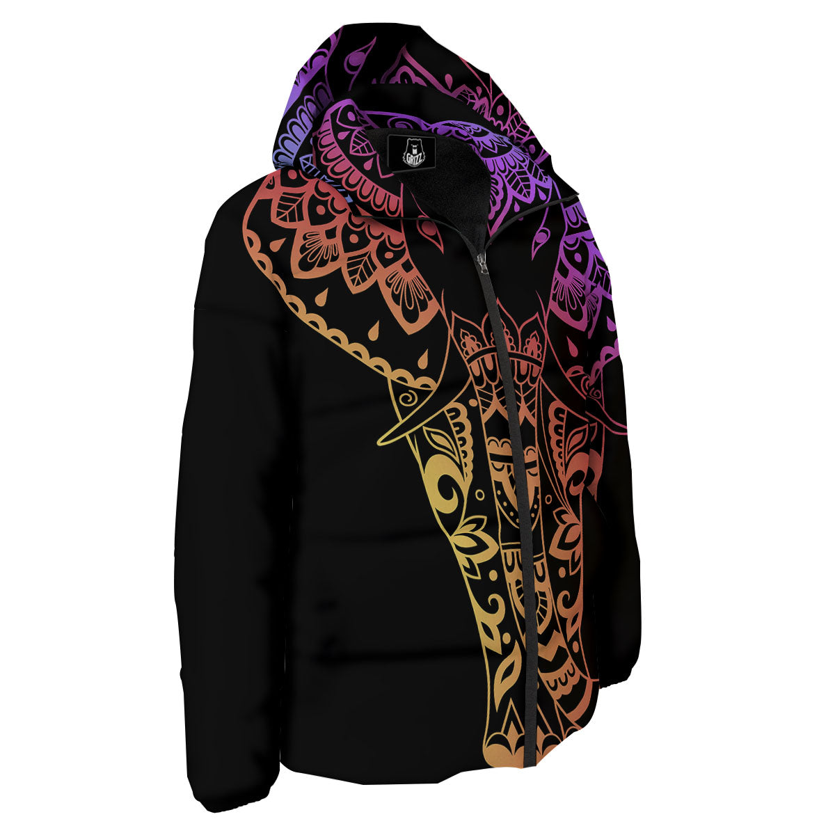Elephant Black Rainbow Indian Print Down Jacket-grizzshop