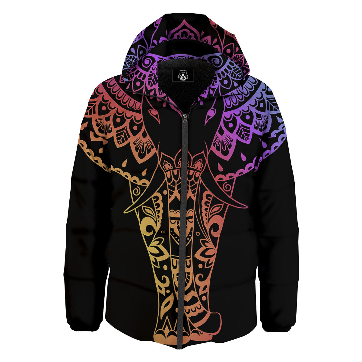 Elephant Black Rainbow Indian Print Down Jacket-grizzshop