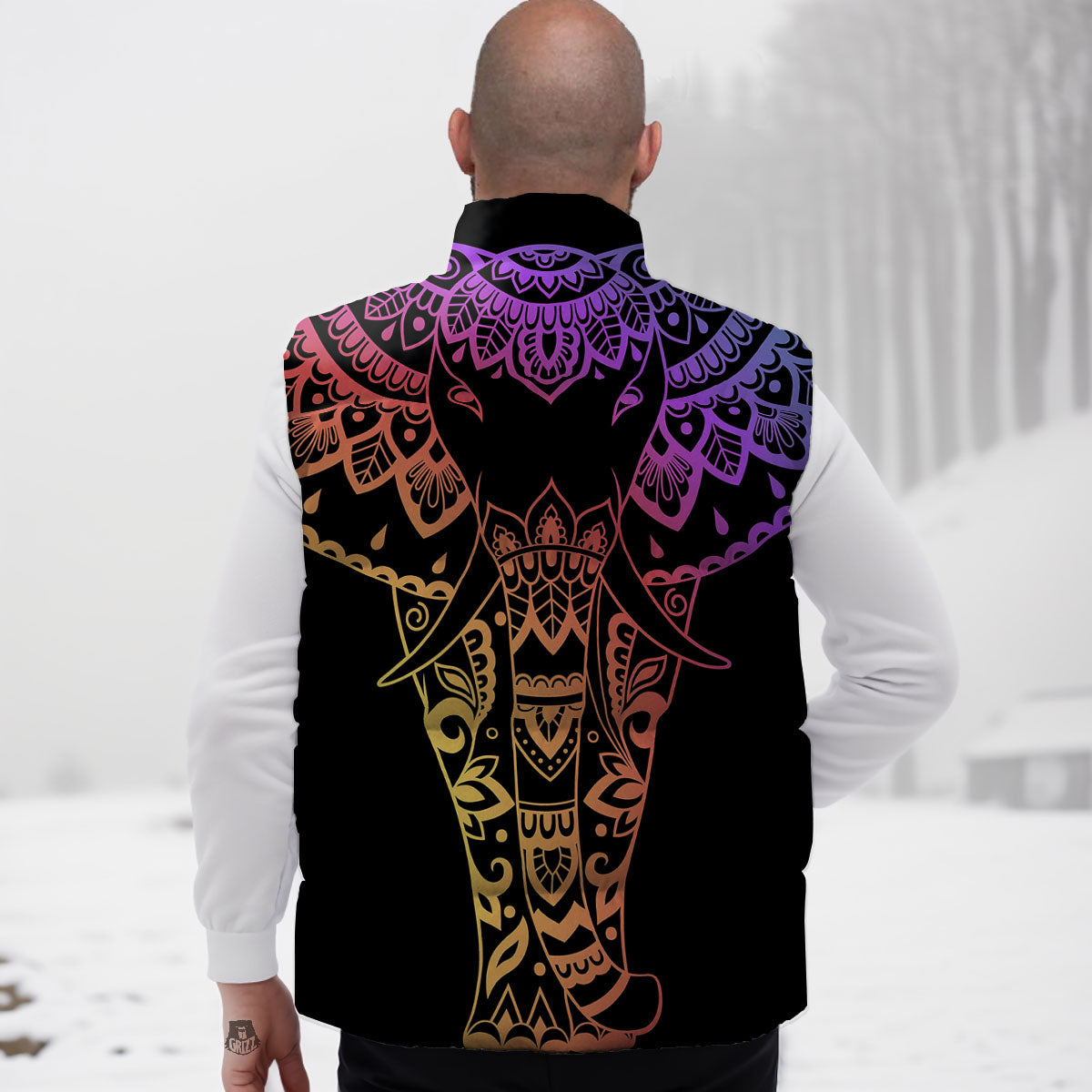 Elephant Black Rainbow Indian Print Down Vest