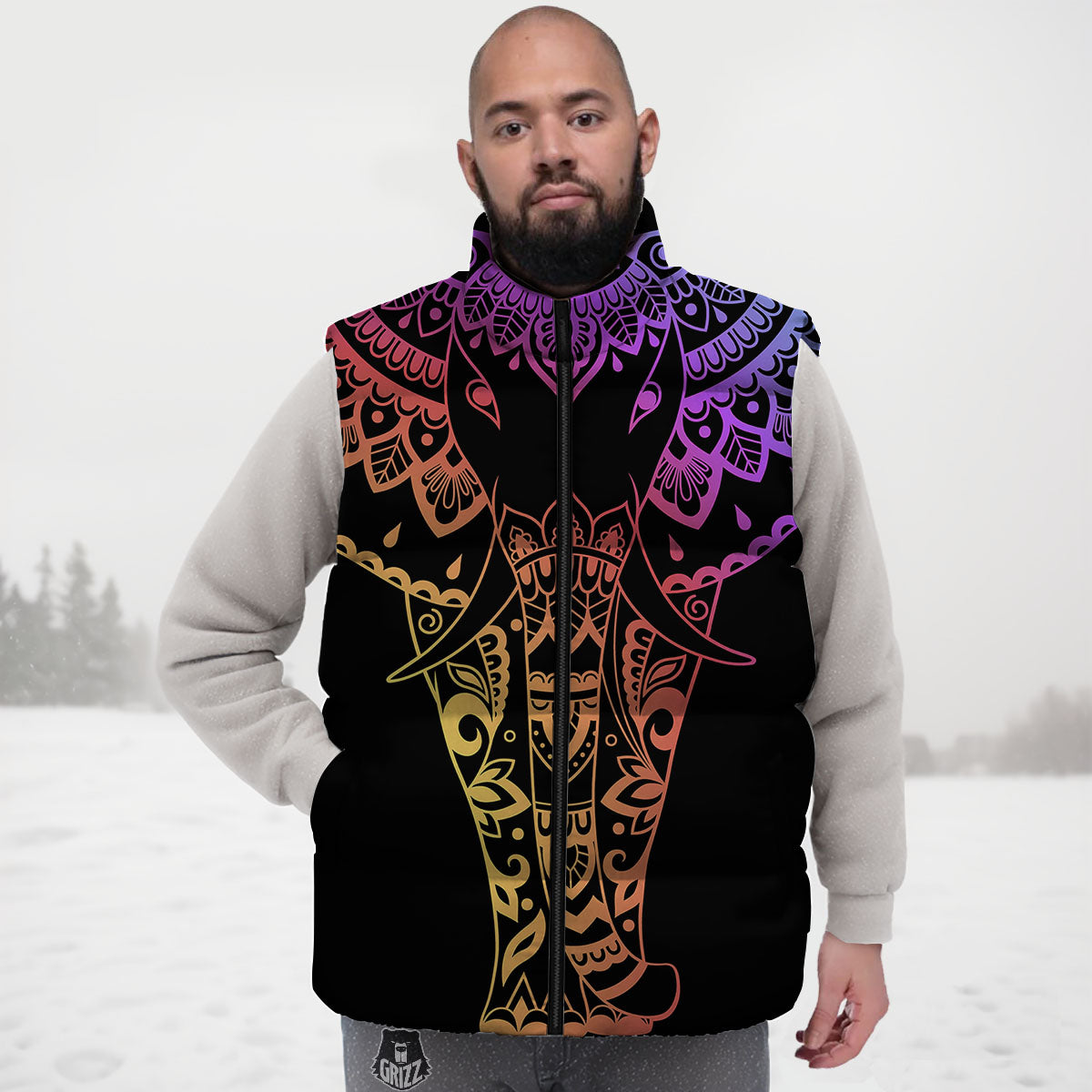 Elephant Black Rainbow Indian Print Down Vest