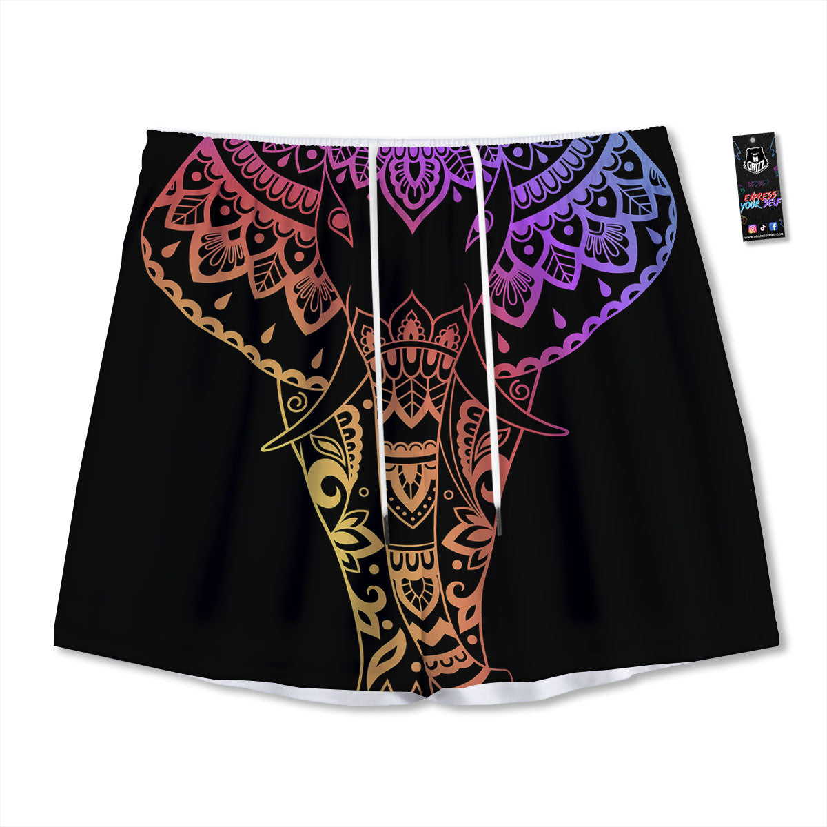 Elephant Black Rainbow Indian Print Mesh Shorts