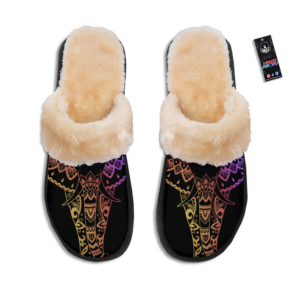 Elephant Black Rainbow Indian Print Slippers-grizzshop