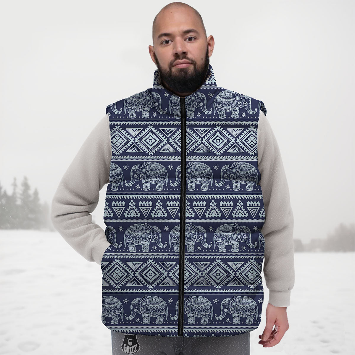 Elephant Indian Blue Print Pattern Down Vest-grizzshop