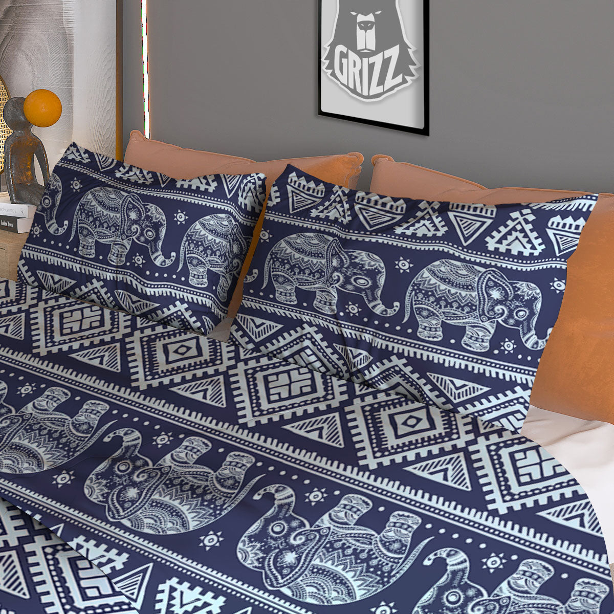 Elephant Indian Blue Print Pattern Duvet Cover Bedding Set