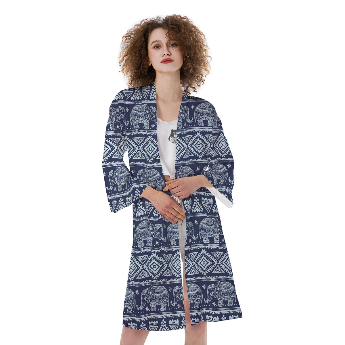 Elephant Indian Blue Print Pattern Kimono-grizzshop