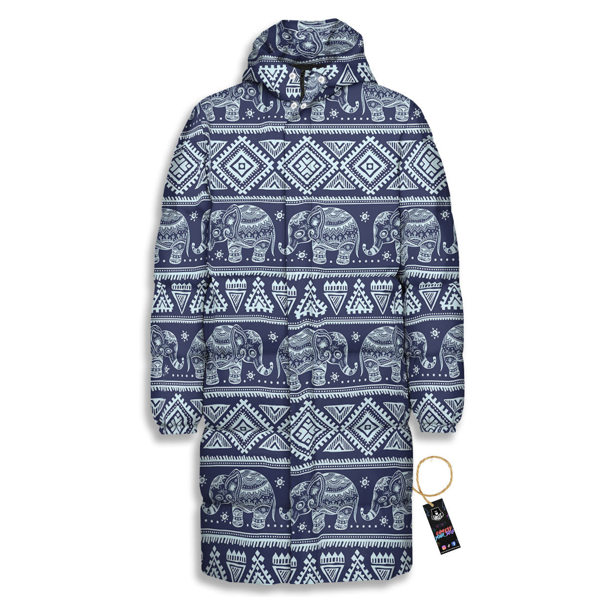 Elephant Indian Blue Print Pattern Long Down Jacket-grizzshop