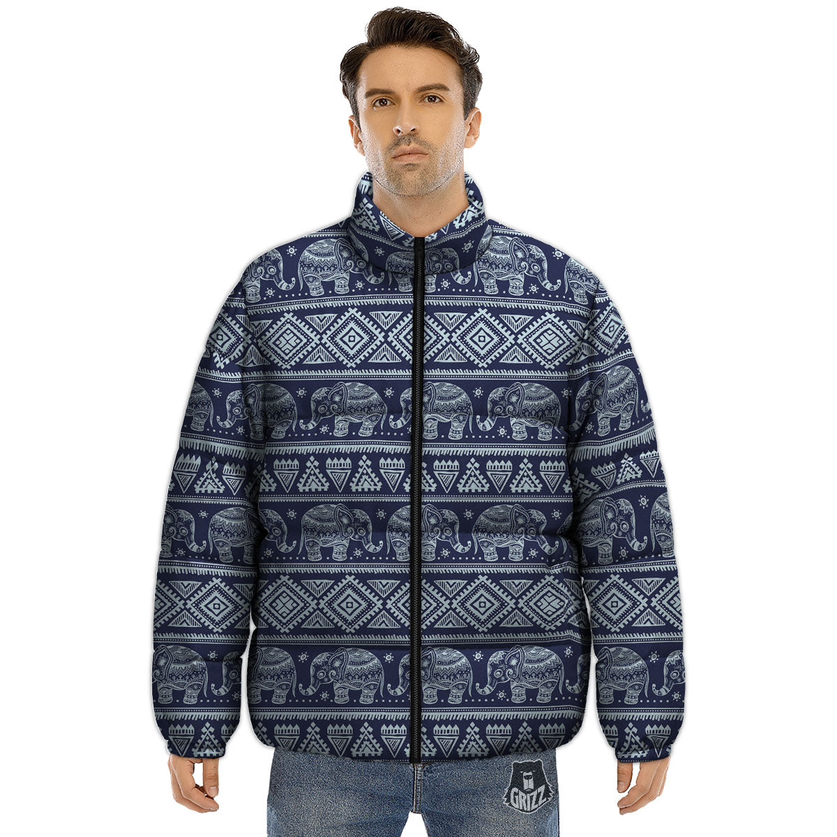 Elephant Indian Blue Print Pattern Puffer Jacket-grizzshop