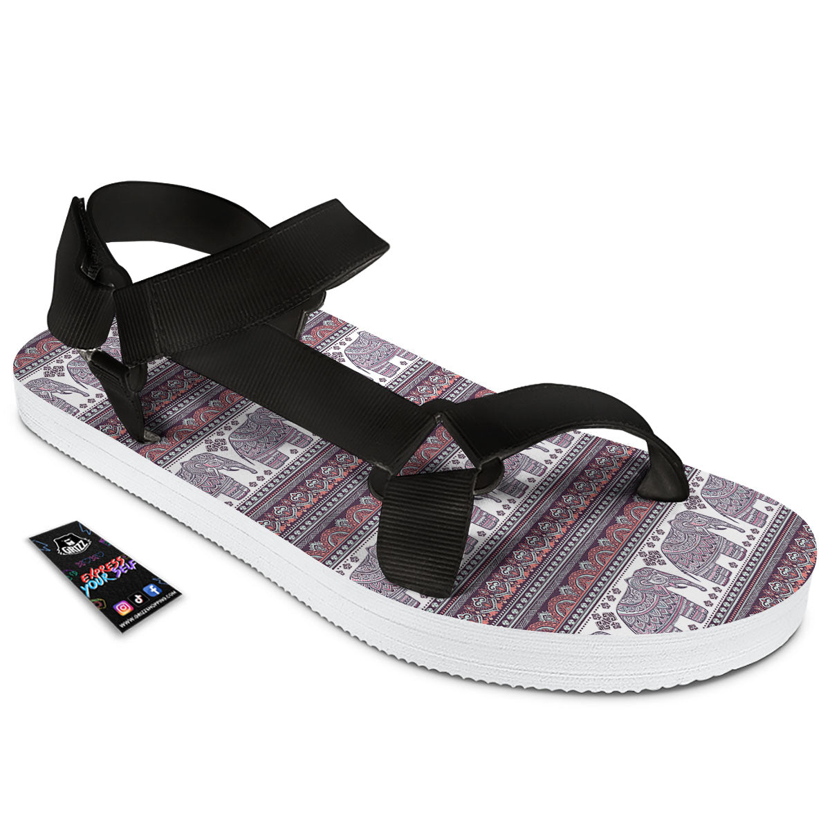 Elephant Indian Bohemian Print Pattern Black Open Toe Sandals-grizzshop