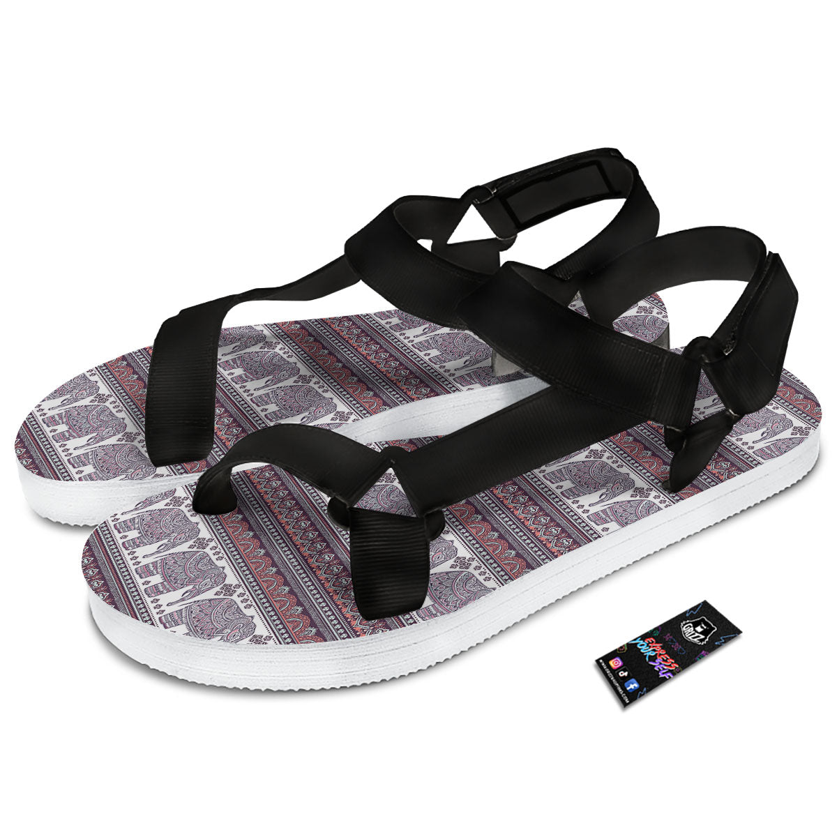 Elephant Indian Bohemian Print Pattern Black Open Toe Sandals-grizzshop