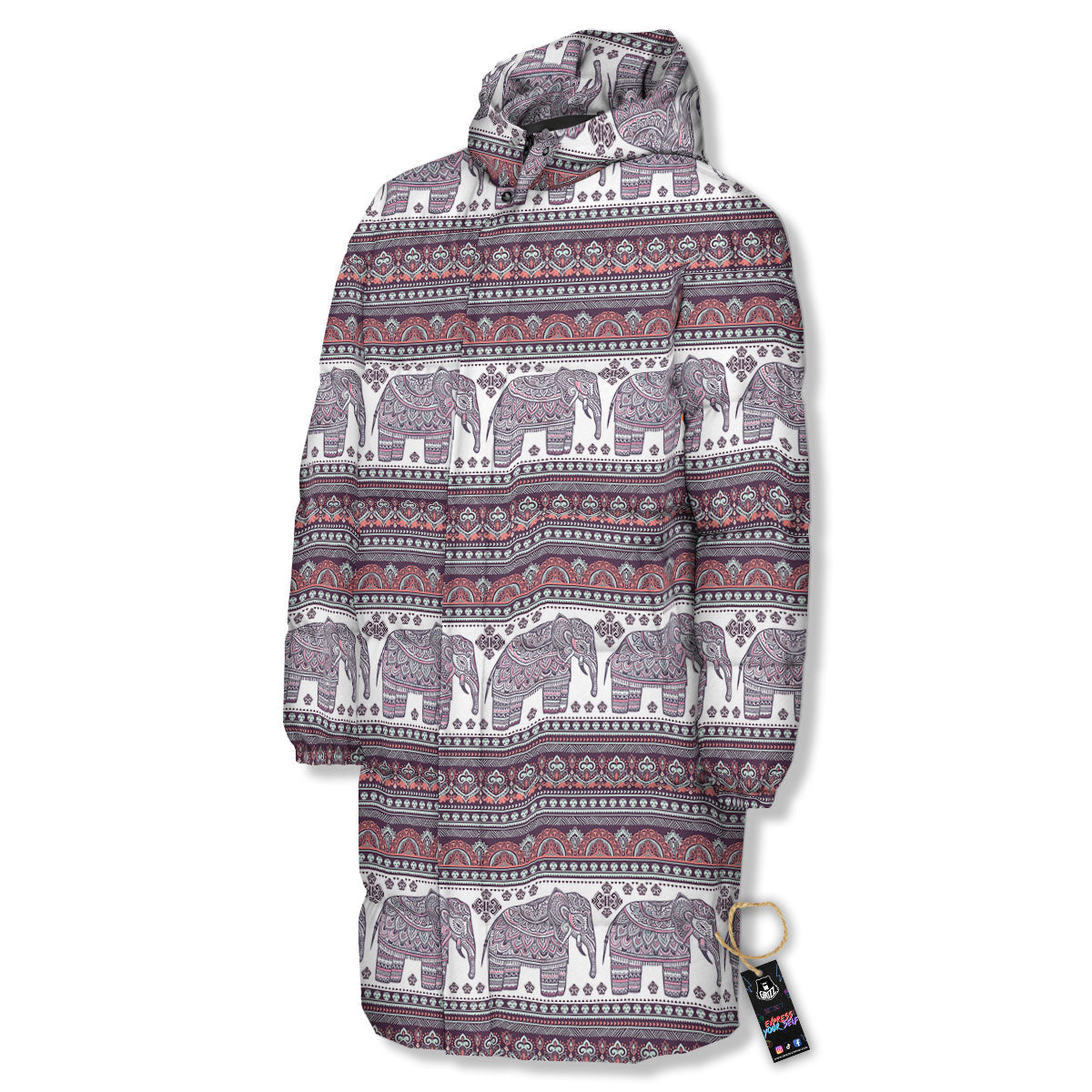 Elephant Indian Bohemian Print Pattern Long Down Jacket-grizzshop
