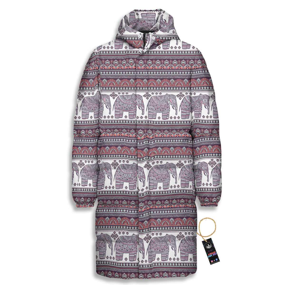 Elephant Indian Bohemian Print Pattern Long Down Jacket-grizzshop