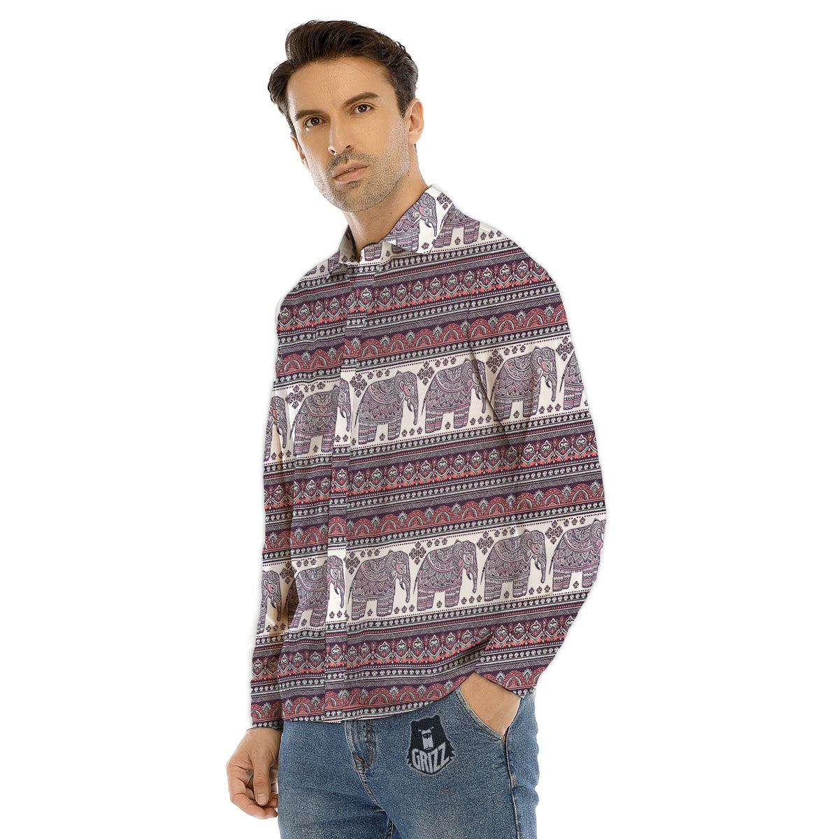 Elephant Indian Bohemian Print Pattern Men's Dress Shirts-grizzshop