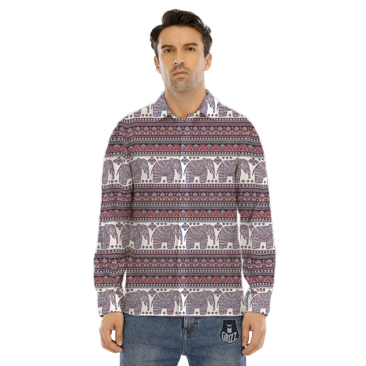 Elephant Indian Bohemian Print Pattern Men's Dress Shirts-grizzshop