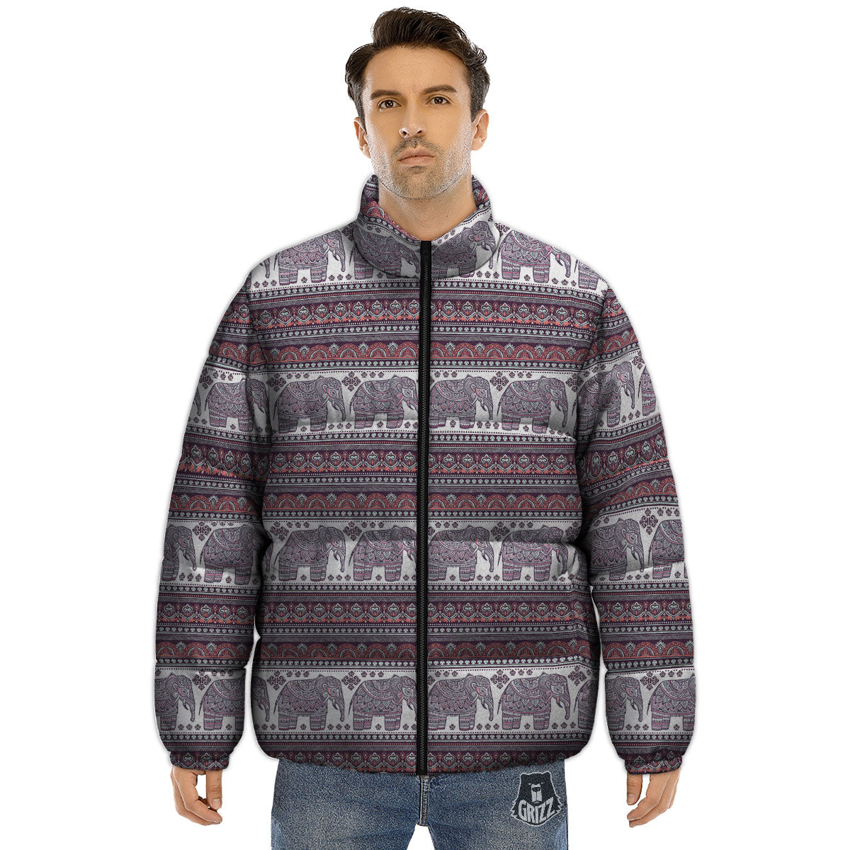 Elephant Indian Bohemian Print Pattern Puffer Jacket-grizzshop