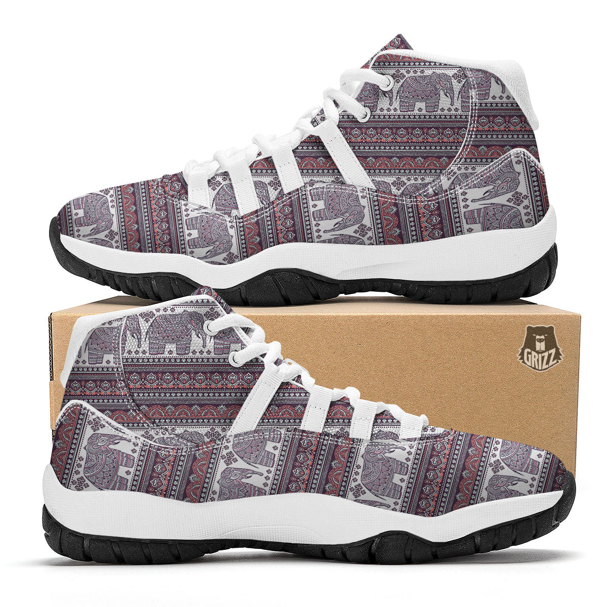 Elephant Indian Bohemian Print Pattern White Bball Shoes-grizzshop