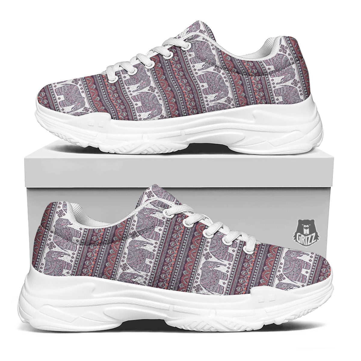 Elephant Indian Bohemian Print Pattern White Chunky Shoes-grizzshop