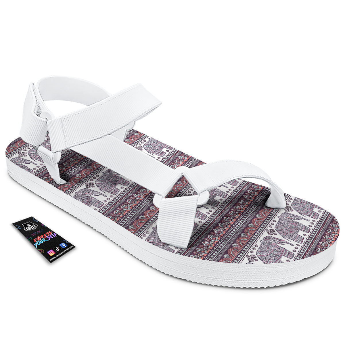 Elephant Indian Bohemian Print Pattern White Open Toe Sandals-grizzshop