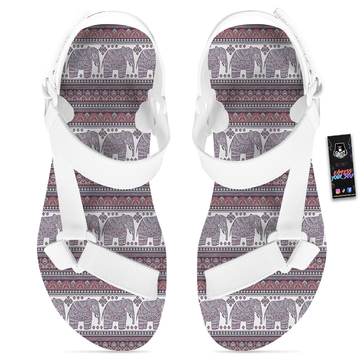Elephant Indian Bohemian Print Pattern White Open Toe Sandals-grizzshop