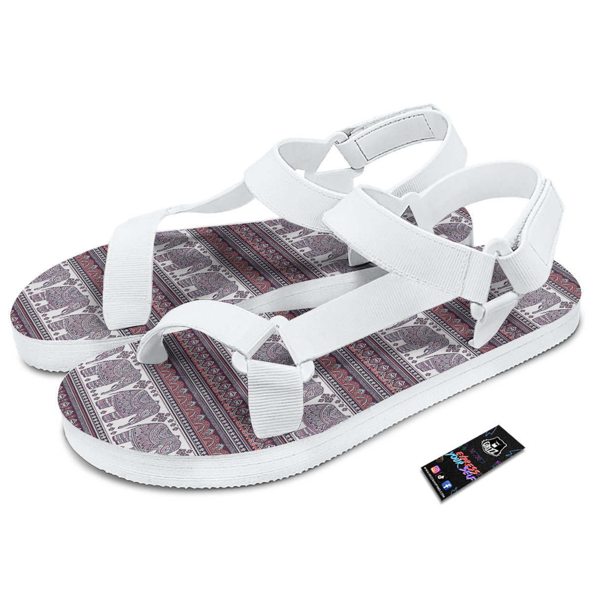 Elephant Indian Bohemian Print Pattern White Open Toe Sandals-grizzshop
