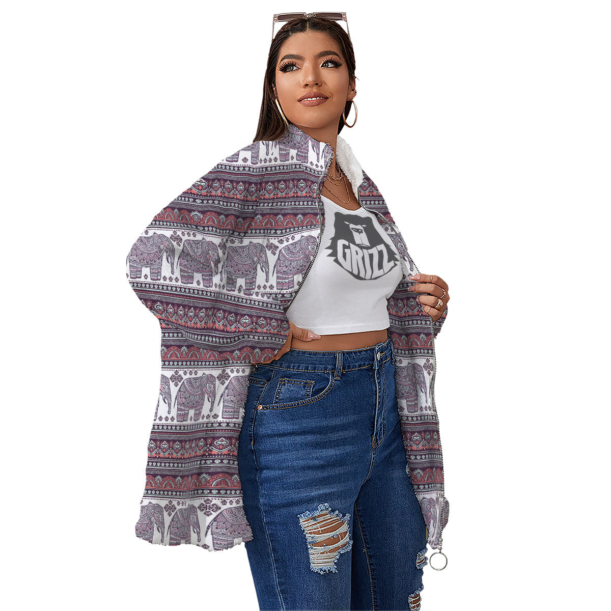 Elephant Indian Bohemian Print Pattern Women's Sherpa Jacket-grizzshop