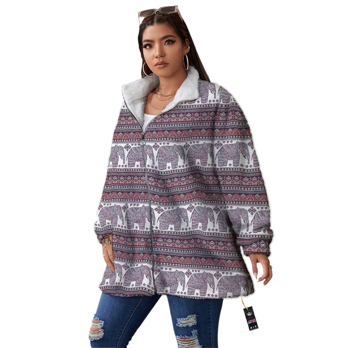 Elephant Indian Bohemian Print Pattern Women's Sherpa Jacket-grizzshop