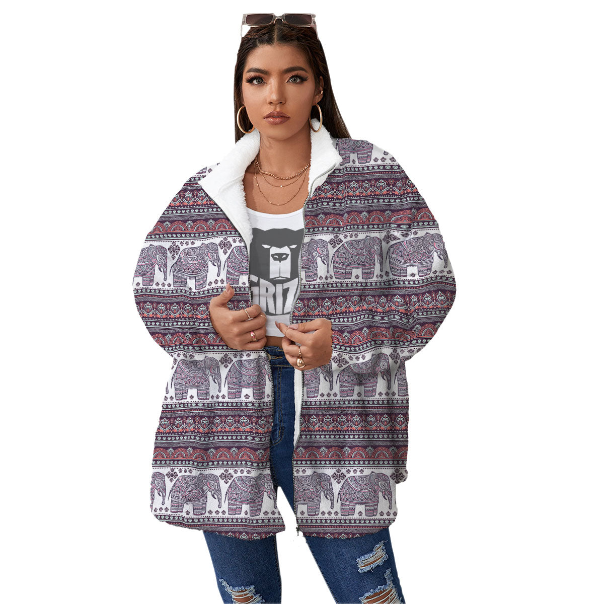 Elephant Indian Bohemian Print Pattern Women's Sherpa Jacket-grizzshop