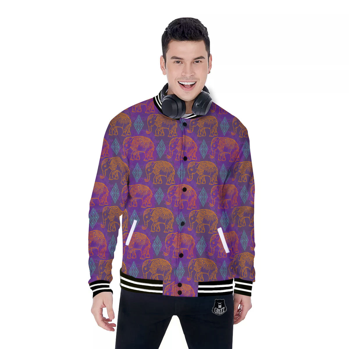 Elephant Indian Boho Print Pattern Baseball Jacket-grizzshop