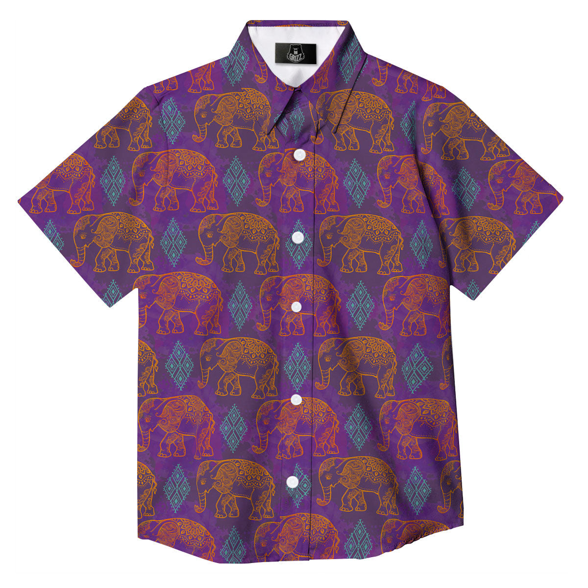 Elephant Indian Boho Print Pattern Button Up Shirt-grizzshop