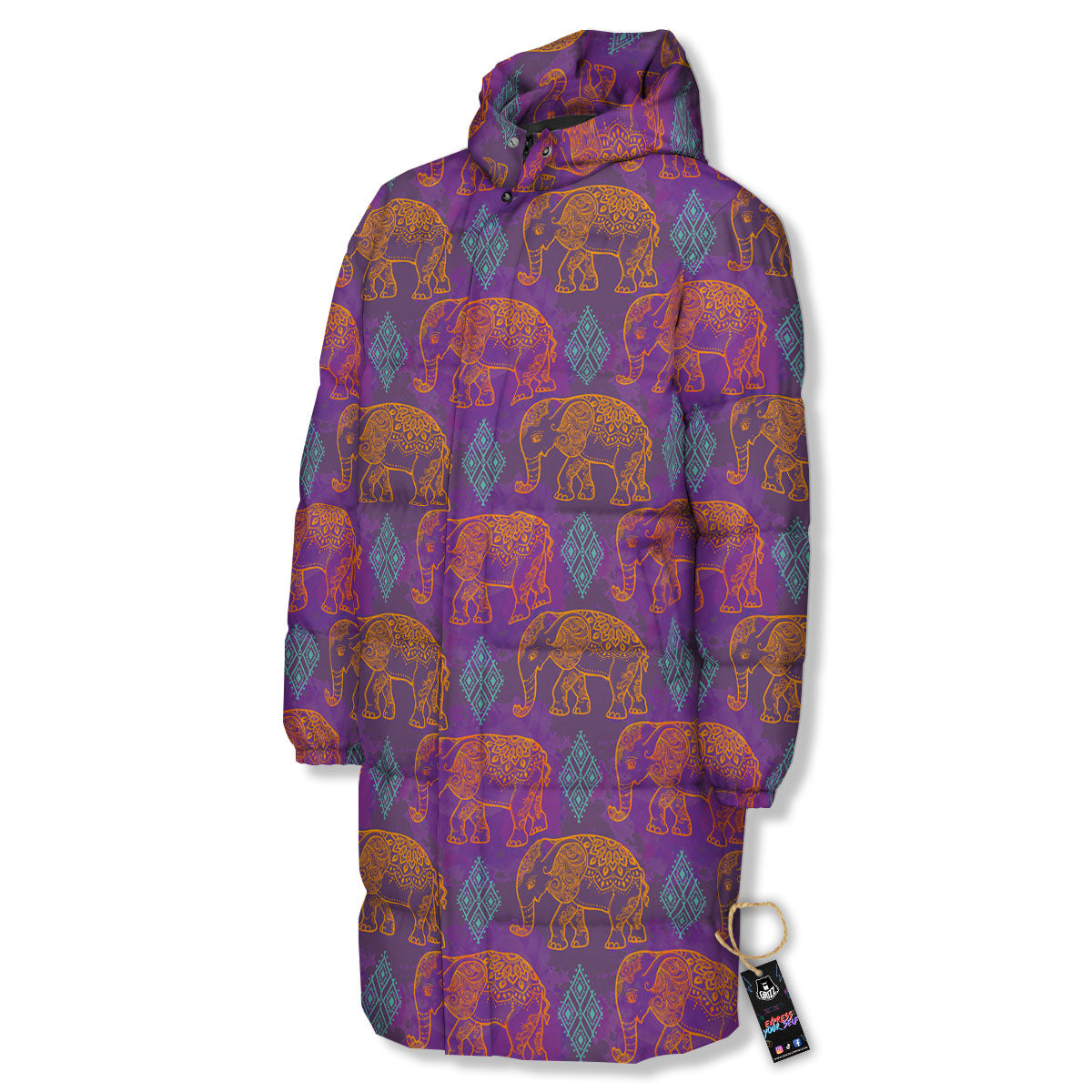 Elephant Indian Boho Print Pattern Long Down Jacket-grizzshop