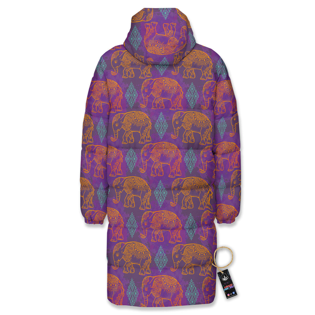 Elephant Indian Boho Print Pattern Long Down Jacket-grizzshop