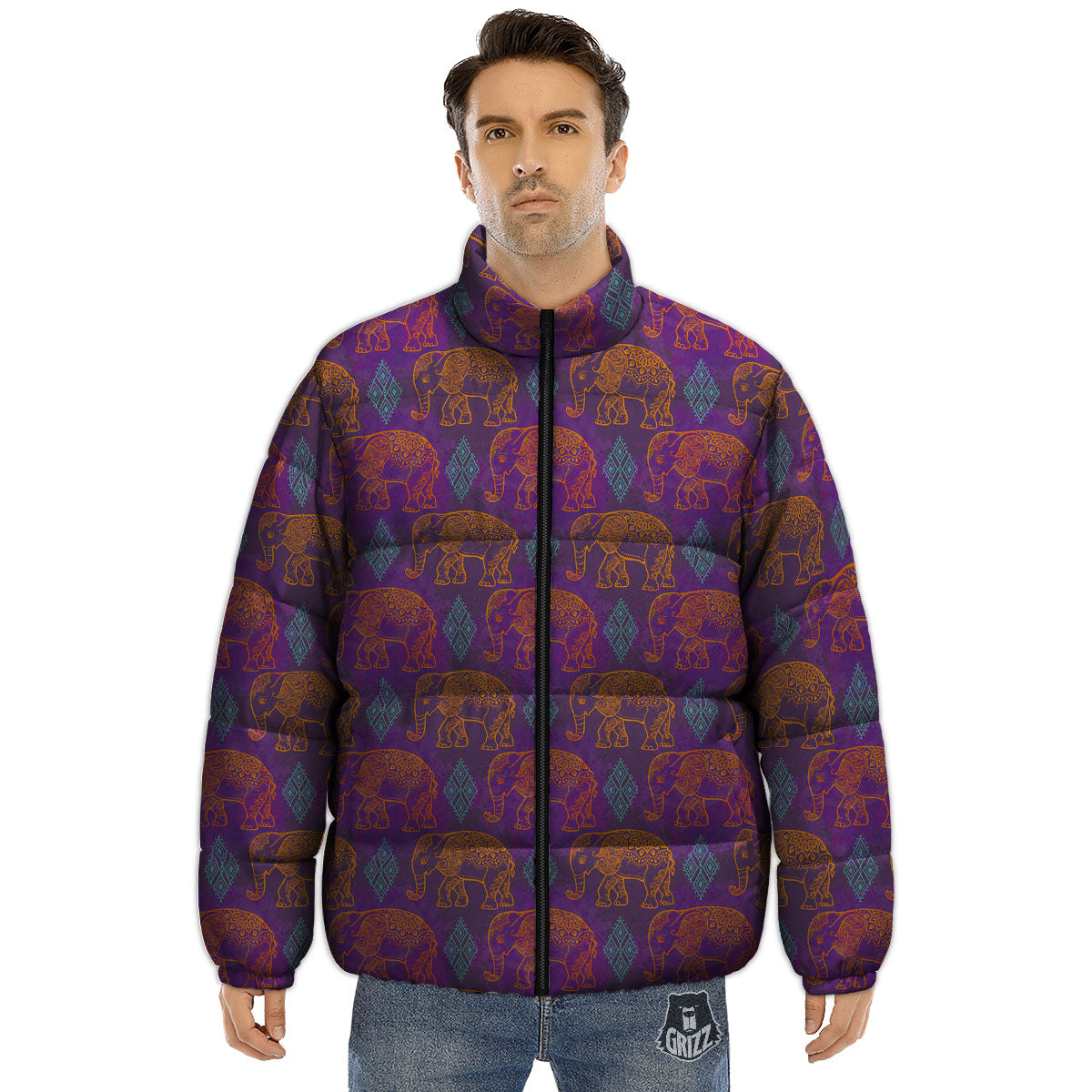 Elephant Indian Boho Print Pattern Puffer Jacket-grizzshop