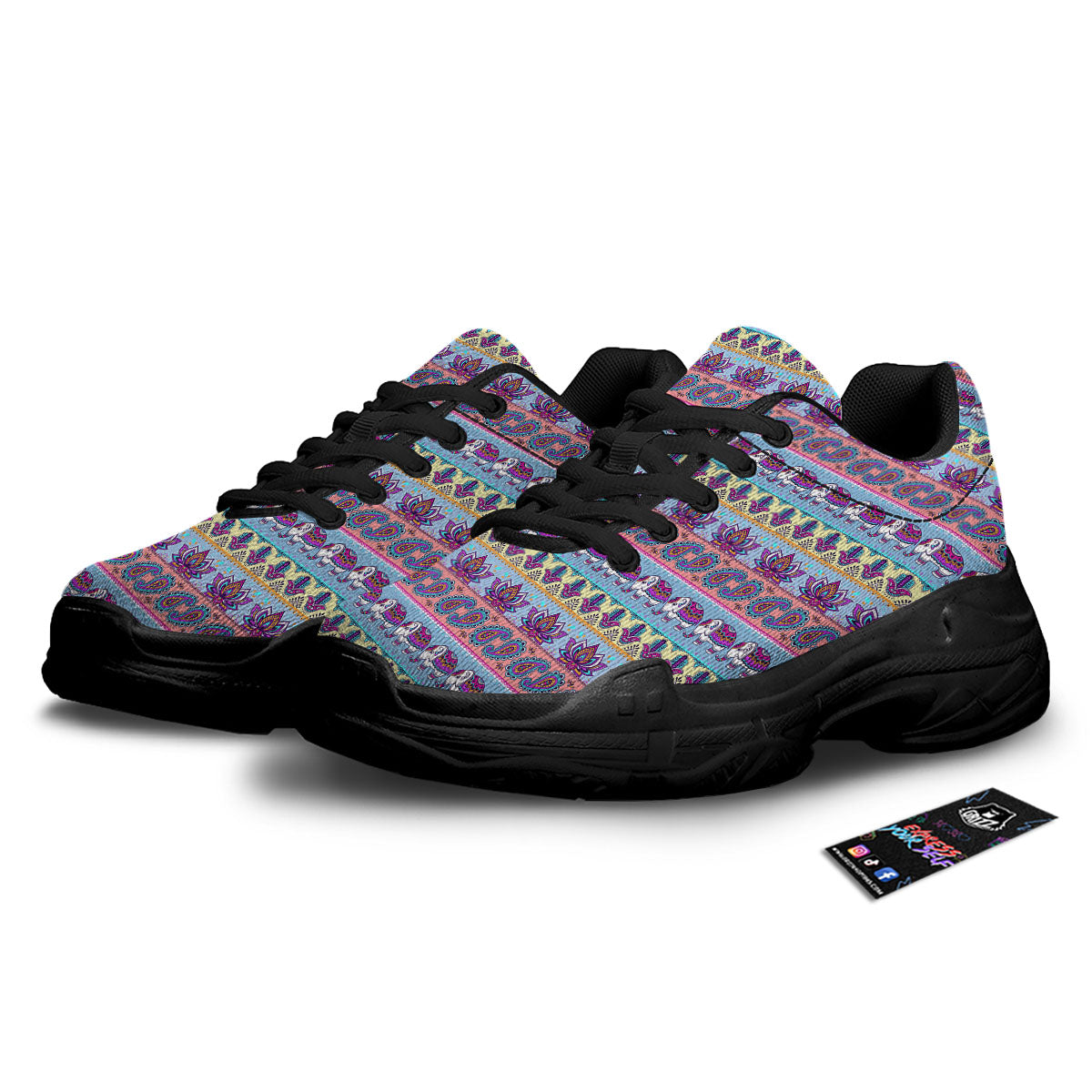 Elephant Indian Colorful Print Pattern Black Chunky Shoes-grizzshop