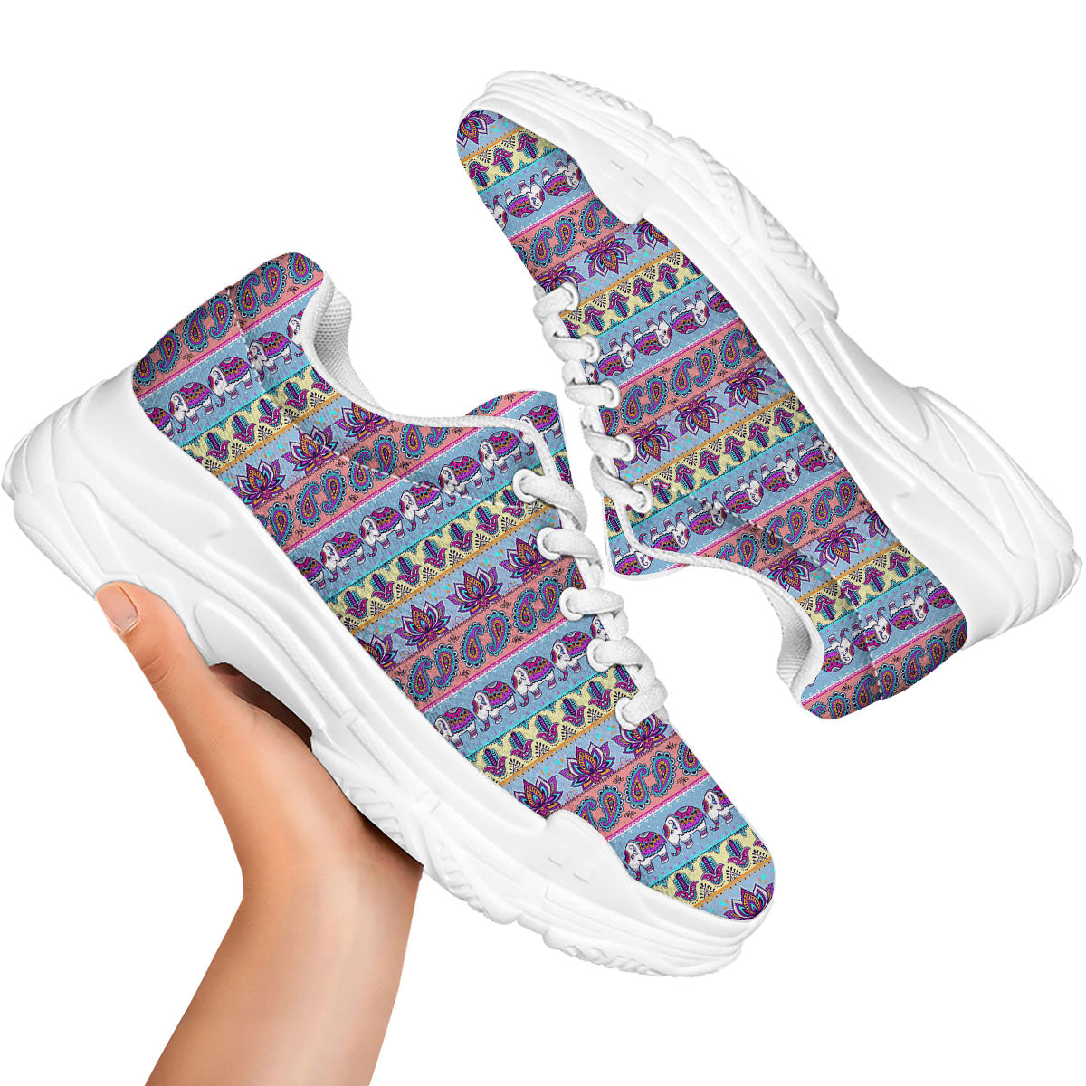 Elephant Indian Colorful Print Pattern White Chunky Shoes-grizzshop