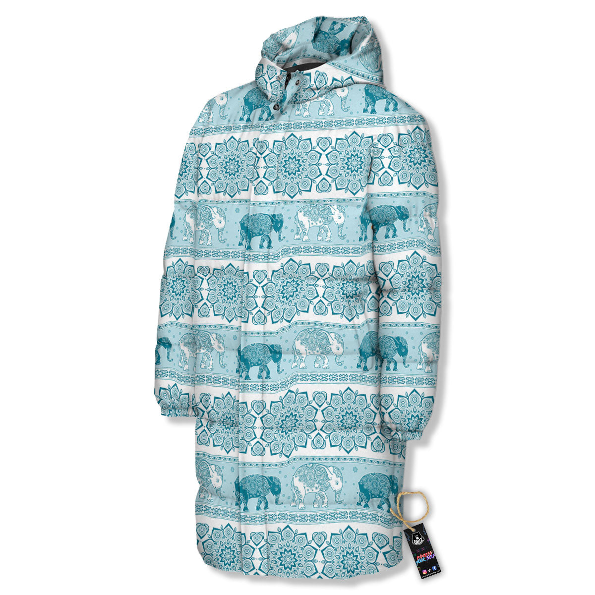 Elephant Indian Floral Print Pattern Long Down Jacket-grizzshop