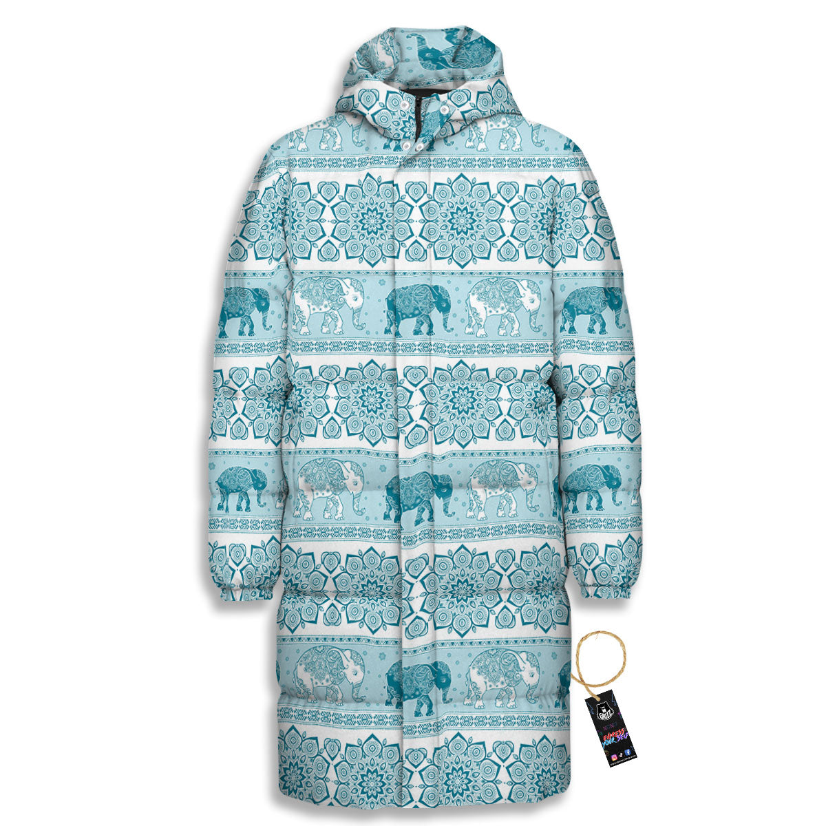 Elephant Indian Floral Print Pattern Long Down Jacket-grizzshop