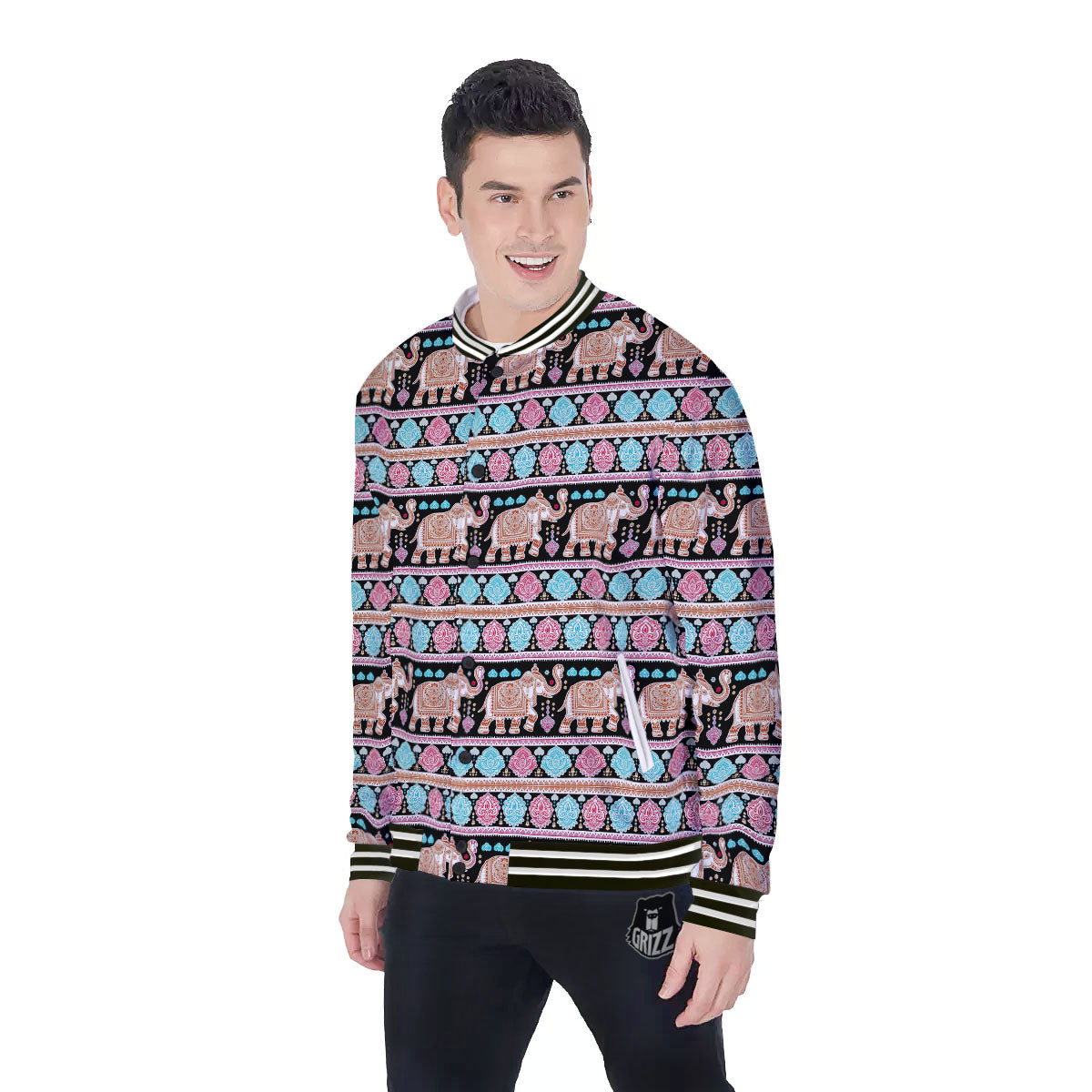 Elephant Indian Tribal Print Pattern Baseball Jacket-grizzshop