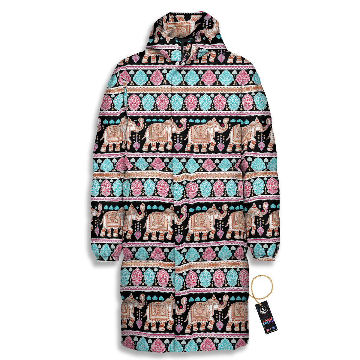 Elephant Indian Tribal Print Pattern Long Down Jacket-grizzshop