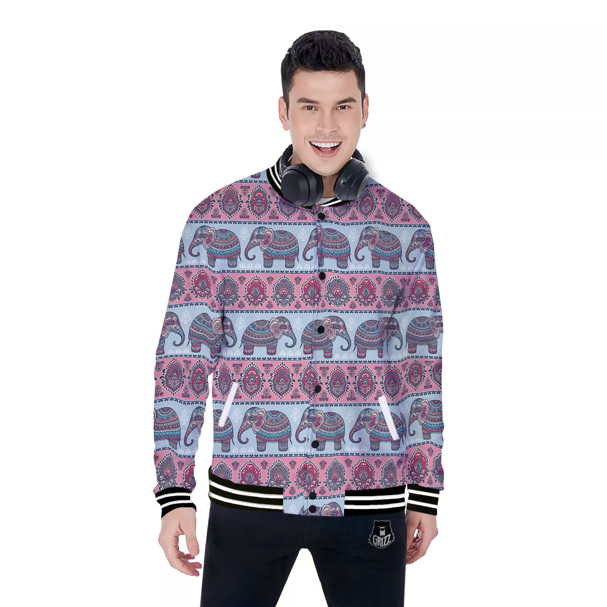 Elephant Indian Vintage Print Pattern Baseball Jacket-grizzshop