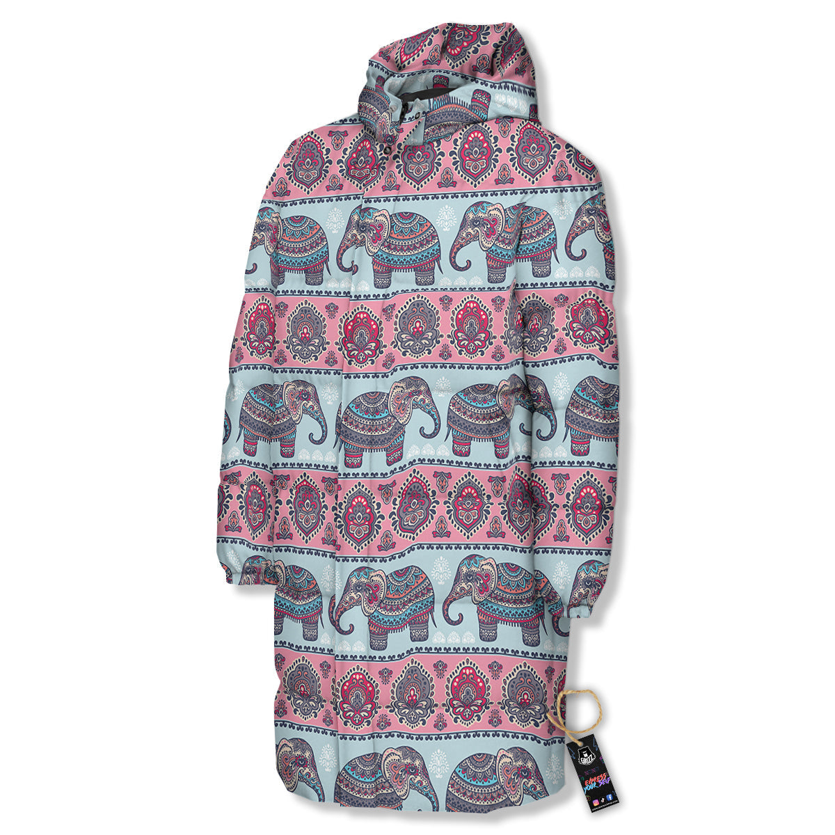 Elephant Indian Vintage Print Pattern Long Down Jacket-grizzshop