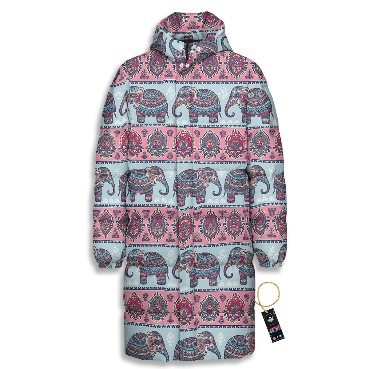 Elephant Indian Vintage Print Pattern Long Down Jacket-grizzshop