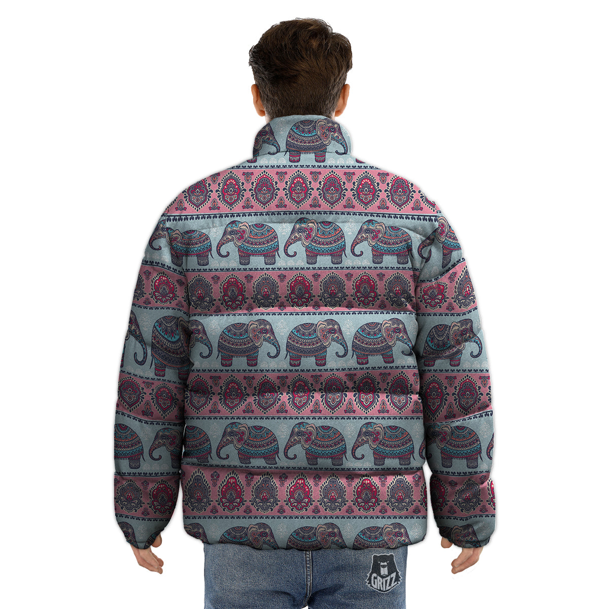 Elephant Indian Vintage Print Pattern Puffer Jacket-grizzshop