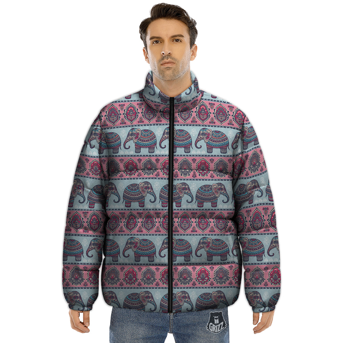 Elephant Indian Vintage Print Pattern Puffer Jacket-grizzshop