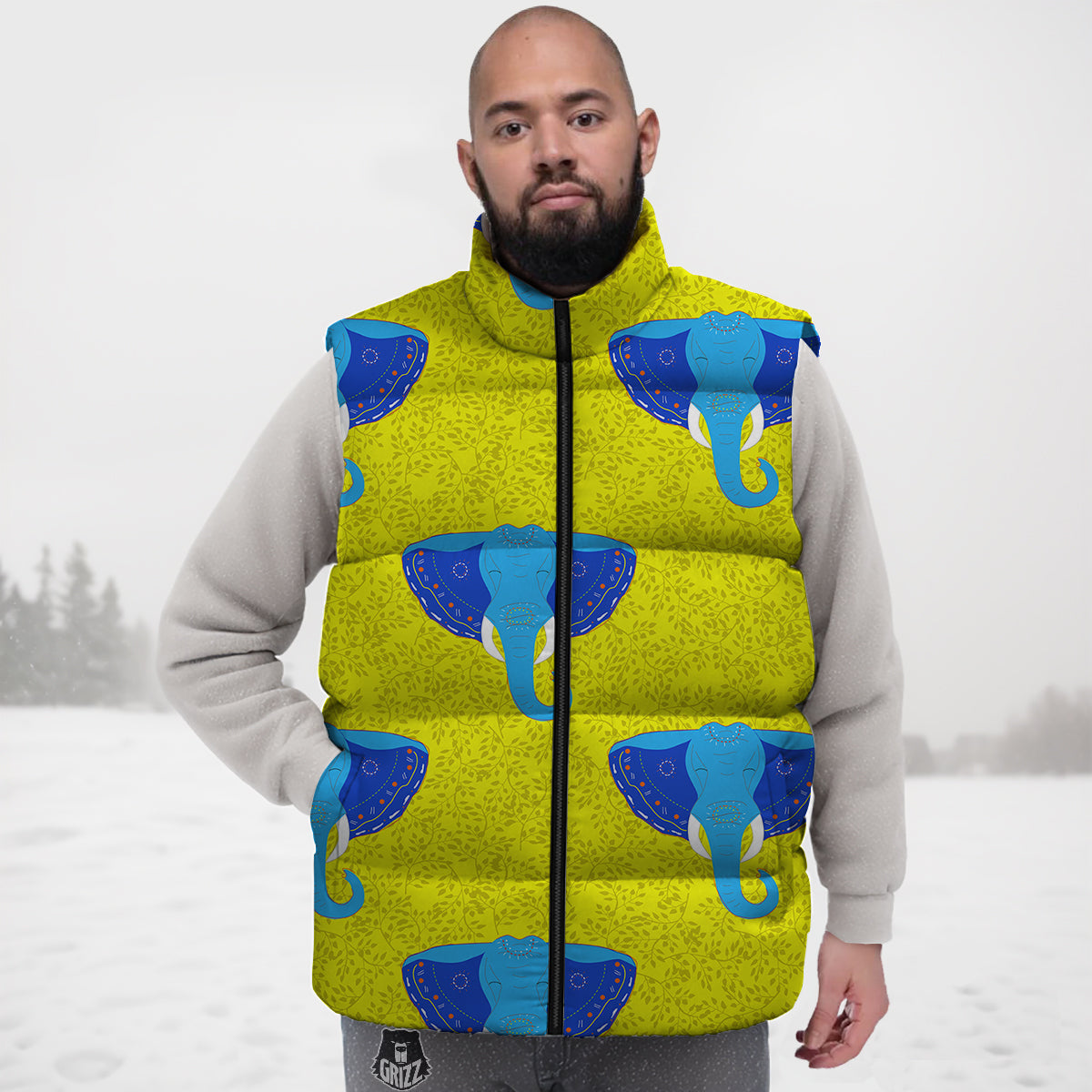 Elephant Mandala Blue Print Pattern Down Vest-grizzshop
