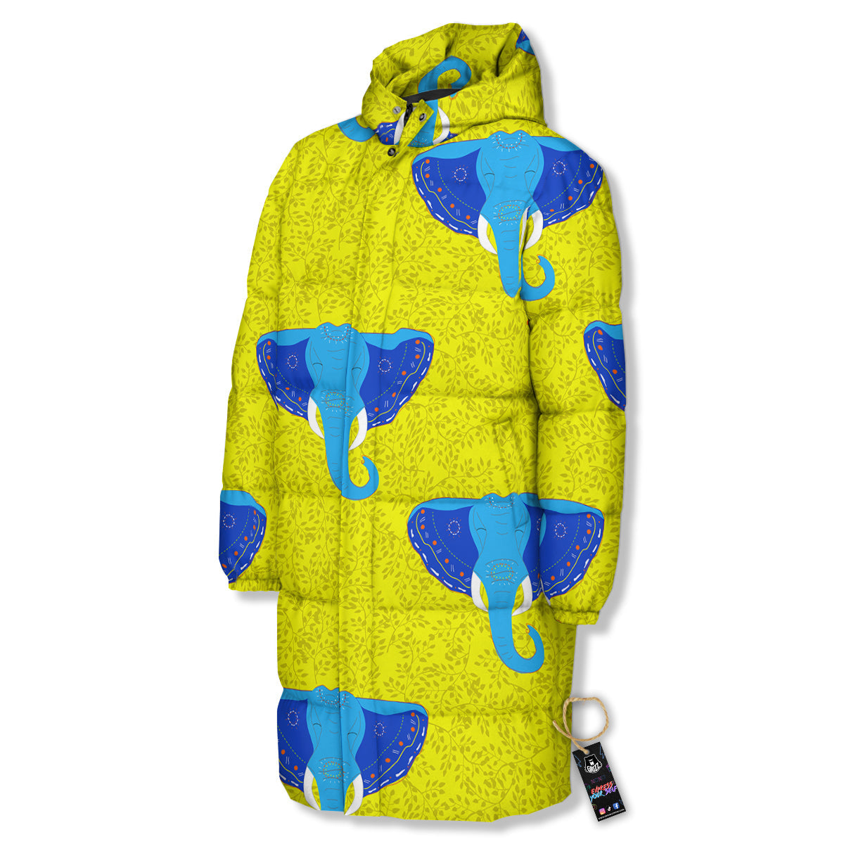 Elephant Mandala Blue Print Pattern Long Down Jacket-grizzshop
