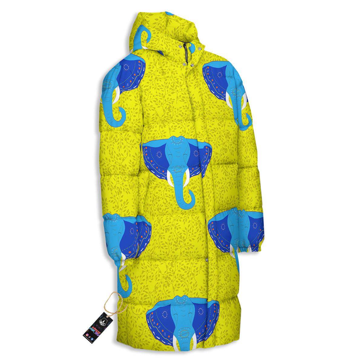 Elephant Mandala Blue Print Pattern Long Down Jacket-grizzshop